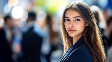 Young professional woman at job fair with natural lighting showcasing candid career exploration and networking in a bright background reflecting hope and aspiration