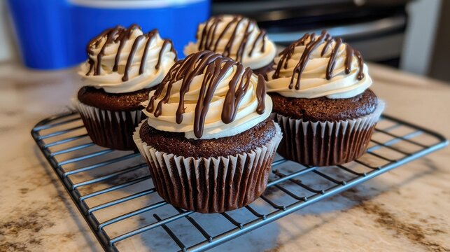 Chocolate cupcakes with thick white icing and chocolate drizzle