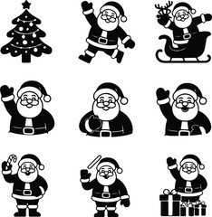 Santa Claus Silhouette Set | Waving Hand Festive Line Art Sketch Santa Waving Hand Silhouette | Christmas Vector Bundle