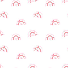 Fototapeta premium Rainbow hand drawn in a cute childish style. Rainbow in soft pink tones cute seamless pattern on a white background. Suitable for children's room, covers, banners, wallpapers, cards, wrapping paper