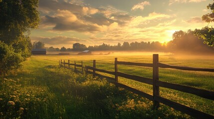 Fototapeta premium Serene Countryside Sunrise with Golden Light & Misty Fields | Photorealistic Rural Landscape