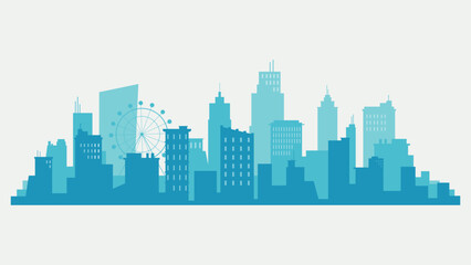 Fototapeta premium A stylized city skyline featuring various buildings, skyscrapers, office complexes, and residential structures, with a Ferris wheel adding a unique urban element.