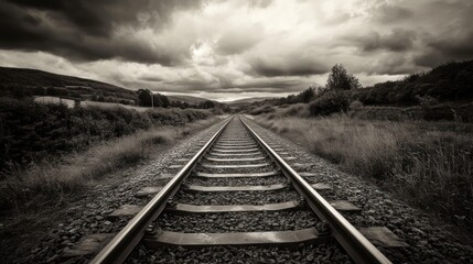 Obraz premium Grey landscape views a railway track stretching into a stormy sky.