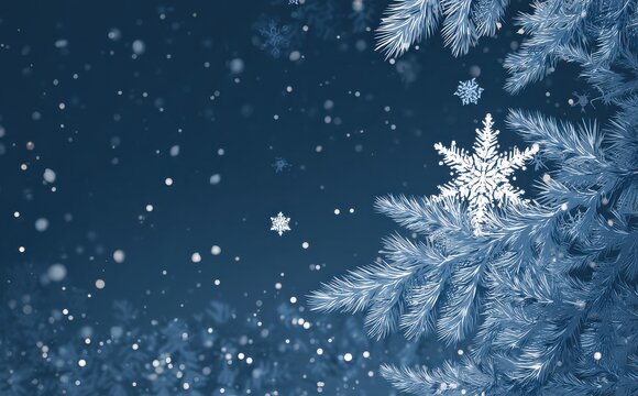 Winter wonderland: A serene image of snow falling gently on frosted pine branches.  Perfect for holiday cards or winter themes.