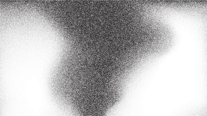 Noise gradient grain background with abstract black and white effect. Paint vector brush dots and shapes on grainy sand paper. Wavy spray grunge with dark space circles and vintage splatter fluid.