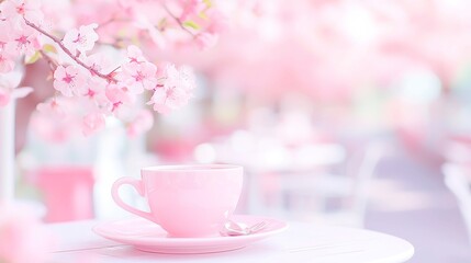 Pastel Cobblestone Serenity, delicate teacups clink on outdoor caf&eacute; tables, surrounded by blooming peach blossom trees, creating a tranquil and charming atmosphere.