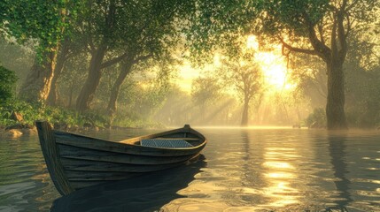 Serene River Landscape with Solar-Powered Wooden Boat & Golden Sunset | Nature & Sustainability