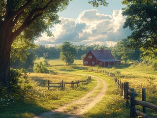 Scenic countryside with a winding path leading to a red barn surrounded by lush greenery