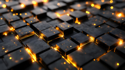 Obraz premium Illuminated Cubes: A close-up view of a surface composed of dark cubes with vibrant glowing lights, creating a futuristic and abstract representation of data processing or digital innovation.