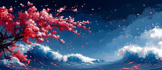 Dynamic Sakura Wave   Abstract Hokusai inspired Seascape Backdrop