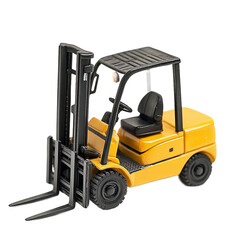 A small, yellow forklift model, featuring detailed design and components, is presented on a plain white background.