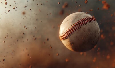Flying baseball in motion with scattering dirt background