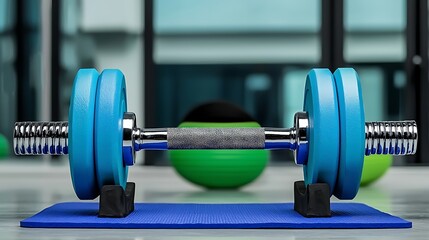 Naklejka premium Dumbbell resting on a mat with a gym ball in the background