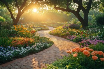 Sunlit garden path winding through colorful blooms