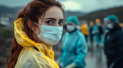 Healthcare workers in PPE assisting patients at temporary vaccination site with urgent yet hopeful