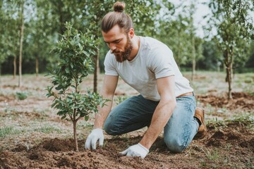 Young Man Planting Tree in Nature Garden with Care and Attention