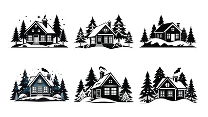 Collection of cozy house with winter wonderland vector silhouette with snow covered black silhouette on white background, vector set of cozy houses
