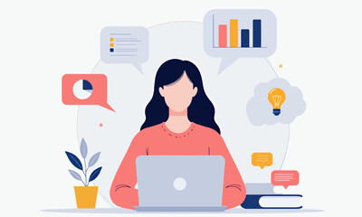 Woman working on laptop with data charts and lightbulb icons