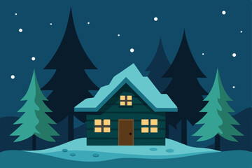 Naklejka premium anime-cabin-in-the-woods-during-snowfall 