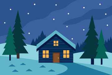 Naklejka premium anime-cabin-in-the-woods-during-snowfall 