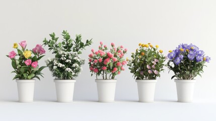 various fake flower in flowerpot on white background