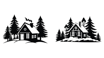 Collection of cozy house with winter wonderland vector silhouette with snow covered black silhouette on white background, set of cozy houses and trees