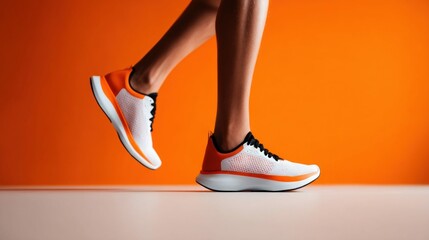 A person's legs in motion, sporting white and orange running shoes, on a vibrant orange background.