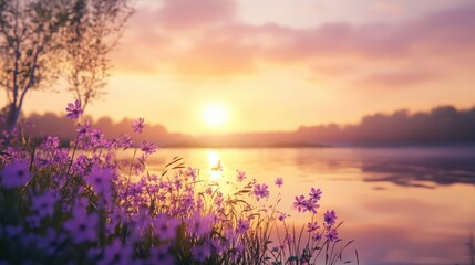 Vertical Sunset Lakeside with Purple Wildflowers, Golden Reflection, and Tranquil Minimalist Scenery