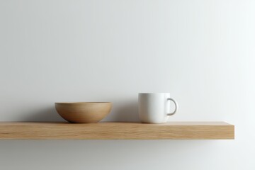 Fototapeta premium Minimalist white wall design with simple wooden shelf and ceramic cup in clean space.