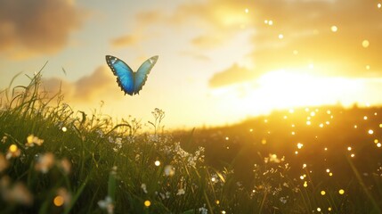 Blue Butterfly in Flight over Green Field at Sunset with Wildflowers and Dramatic Sky in 4K Clarity