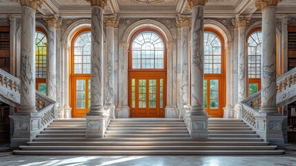 Naklejka premium Grand Palace Staircase, Sunlight Through Windows, Historic Library