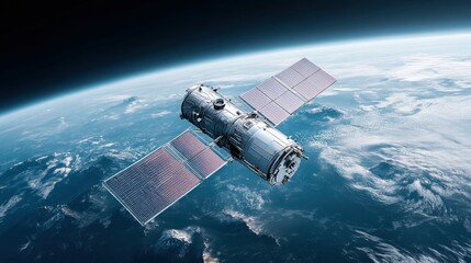 A satellite orbits Earth, solar panels gleaming as it circles the blue planet in space.