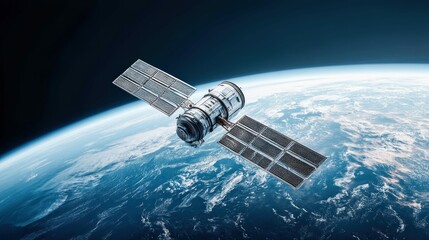 Obraz premium A detailed view of a satellite orbiting Earth, showcasing advanced space technology and exploration.