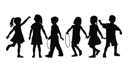 group of children black silhouettes in playful poses set against a simple white background