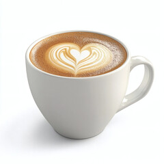White ceramic cup with latte art heart pattern in foam coffee photography