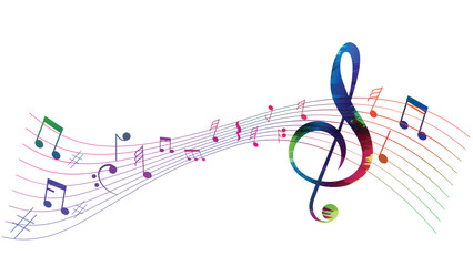 A vibrant musical composition featuring a large treble clef at the center, surrounded by colorful musical notes on a flowing staff, conveying rhythm and harmony.