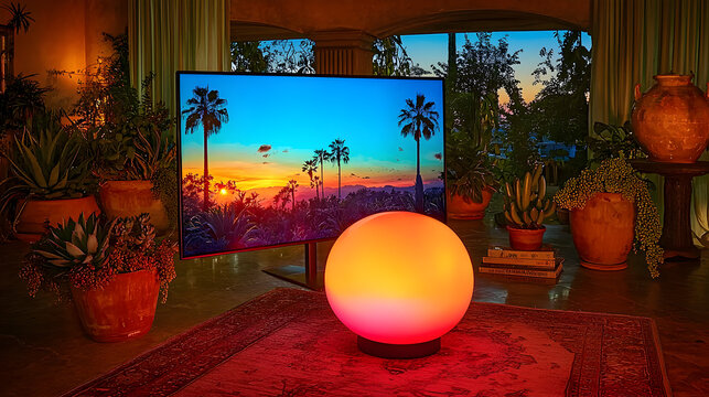 workspace featuring a large desktop monitor, a warm-toned desk lamp, and an array of succulents 