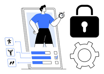 Fitness figure on a mobile screen with activity stats, progress icons, security lock, and settings gear. Ideal for health tracking, app design, user privacy, data security, personal growth modern