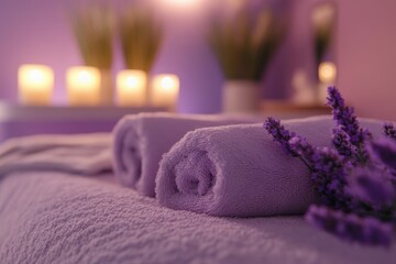 Relaxing spa setting with lavender towels and soft candlelight for a calming atmosphere