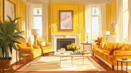Fototapeta premium Bold yellow living room with stylish furniture illustration