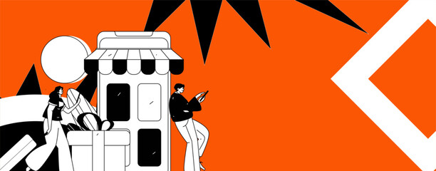 Holiday shopping people doing e-commerce online shopping flat vector concept operation hand drawn illustration
