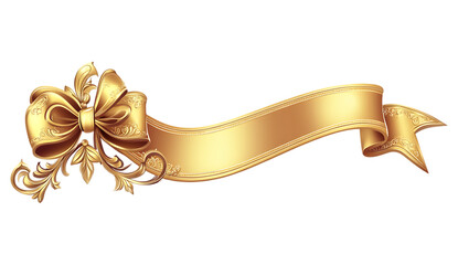 Ornate golden ribbon banner with bow on trasparent background