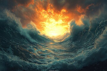 Naklejka premium Large ocean waves under a dramatic sky with bright light breaking through clouds.