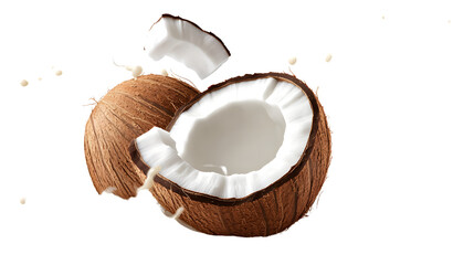Coconut Levitating in Cream Splash Isolated on White Background