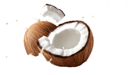 Coconut Levitating in Cream Splash Isolated on White Background