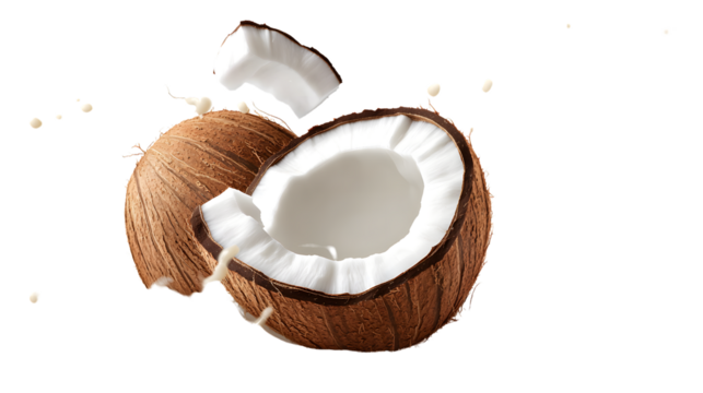 Coconut Levitating in Cream Splash Isolated on White Background