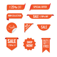 Collection of orange promotional labels with various sale discounts such as 