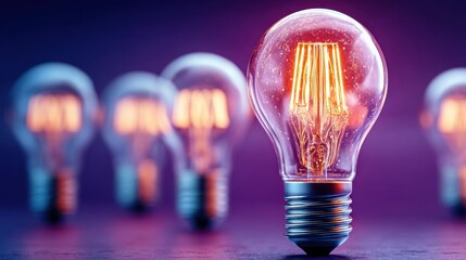A glowing lightbulb in sharp focus against a background of blurred lightbulbs in purple hues.