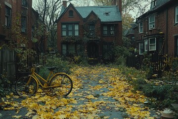 Fototapeta premium Brick house surrounded by trees and fallen leaves with a yellow bicycle.