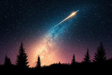 Naklejka premium Majestic Night Sky with Shooting Star and Forest Silhouette